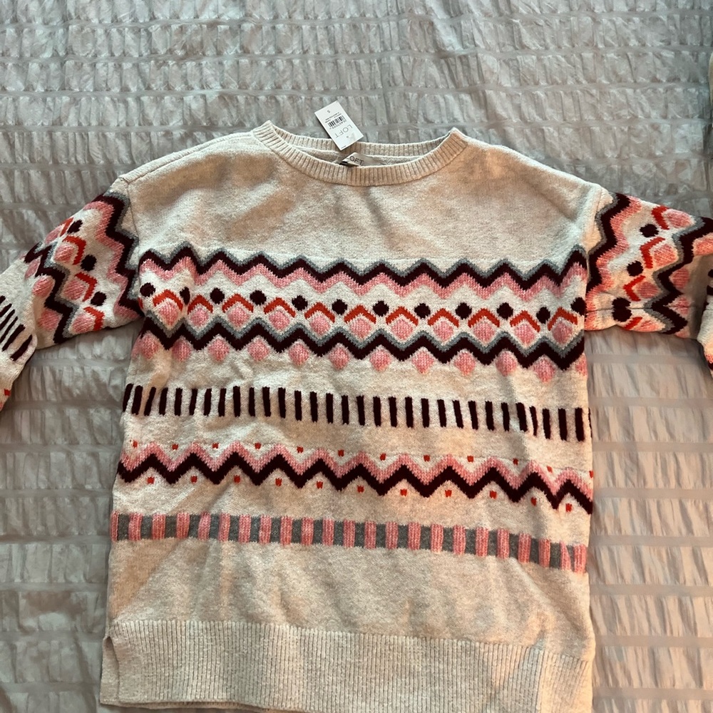 Super soft cream cashmere sweater with pink and brown print
